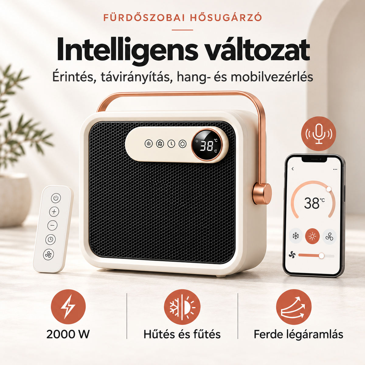Badheizlüfter 2000W – Elektrischer Heizlüfter mit Fernbedienung & Touchdisplay